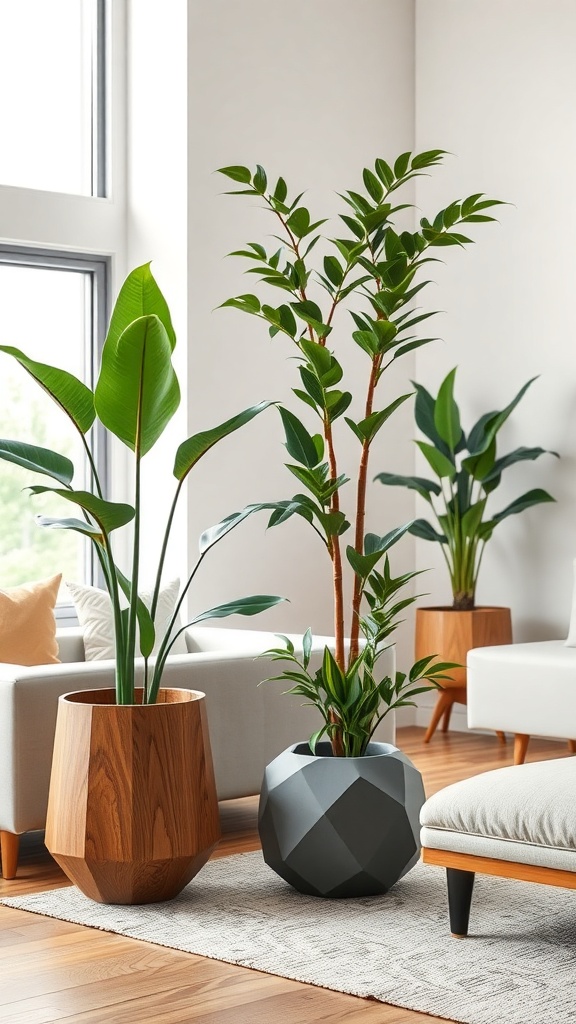 Contemporary living room with stylish planters and plants.