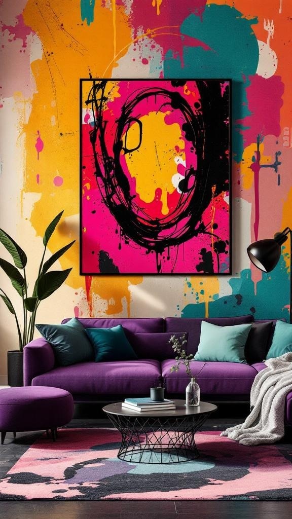 A chic living room featuring a black wall with colorful abstract art and a purple couch.