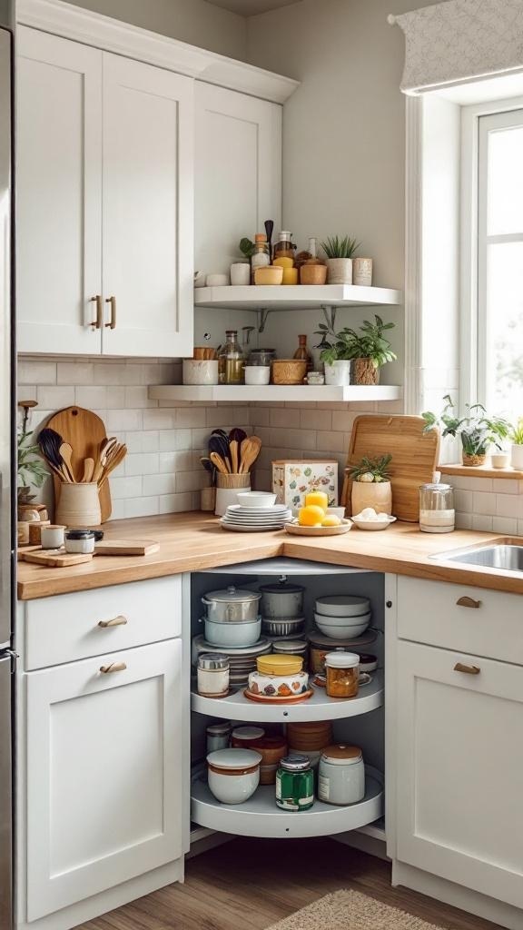 A corner kitchen cabinet featuring a lazy Susan with various dishes and jars.