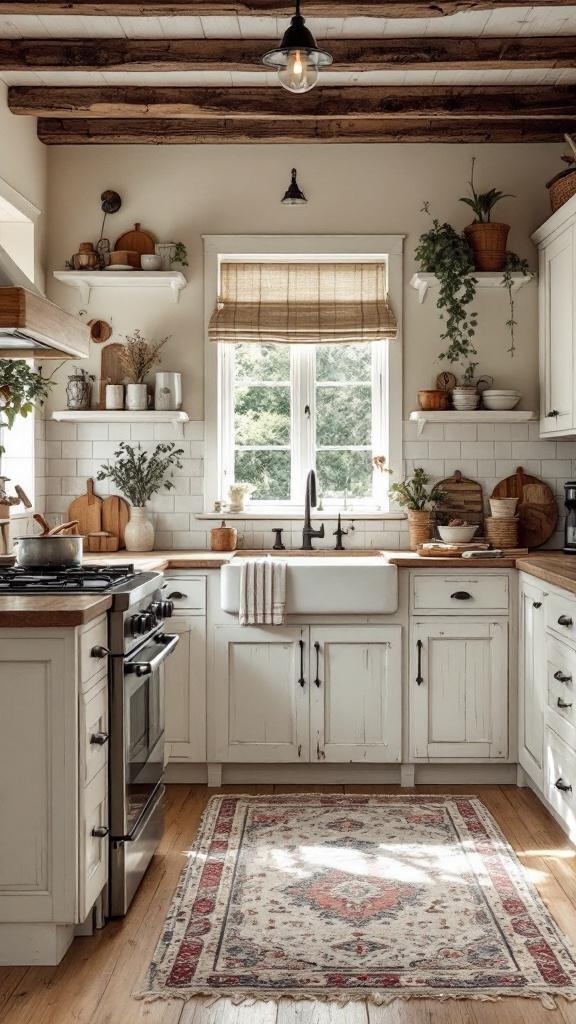 Cozy cottage style kitchen with distressed cabinet finishes and natural decor.