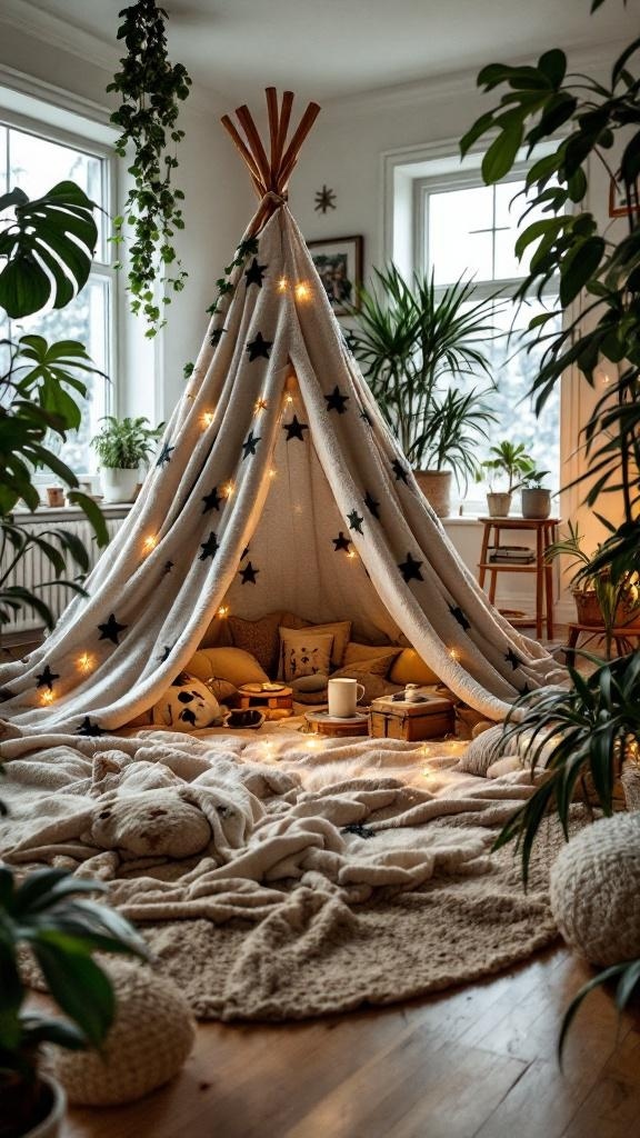 A cozy blanket fort made of soft blankets and cushions, surrounded by indoor plants in a bright living room.