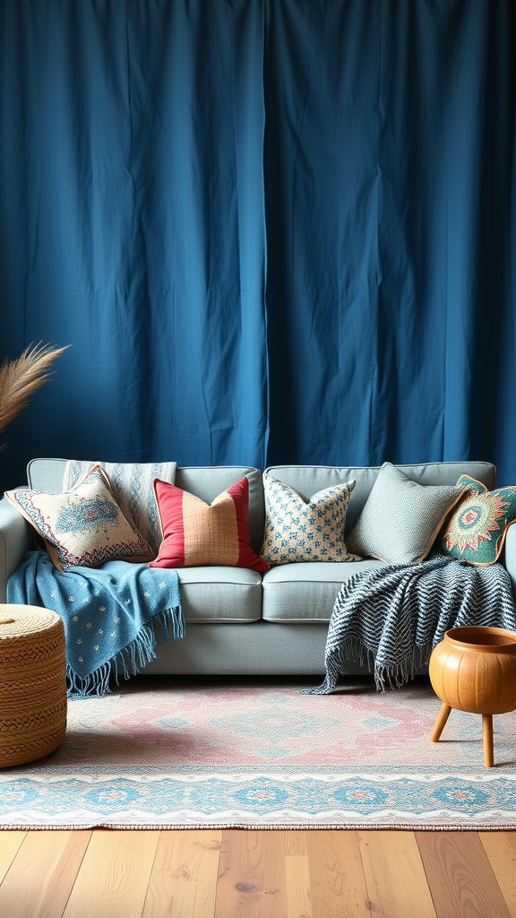 A cozy living room featuring a blue sofa with various patterned cushions and a textured throw blanket.