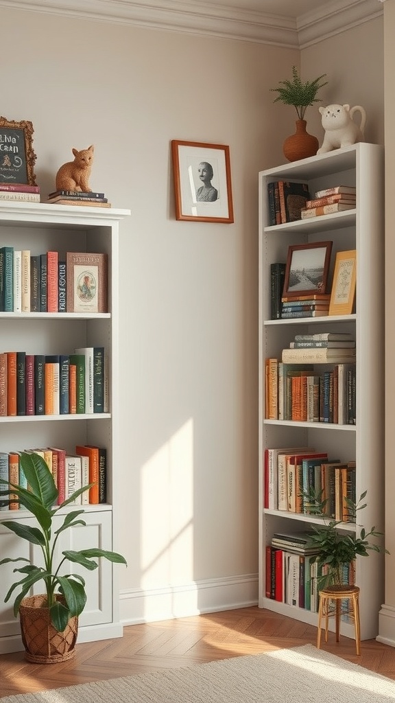 Cozy corner shelves with books, plants, and decorative items.