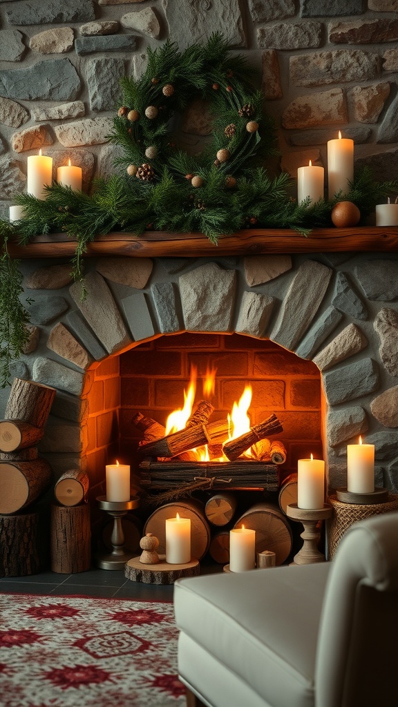 A cozy fireplace setup with candles and logs, creating a warm atmosphere.