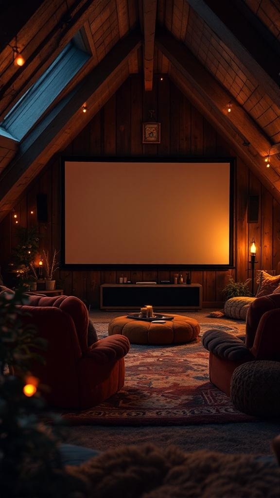 Cozy attic movie room with plush seating and warm lighting.