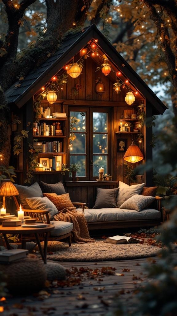 Cozy nook in a tiny house with soft lighting, comfortable seating, and a warm atmosphere.