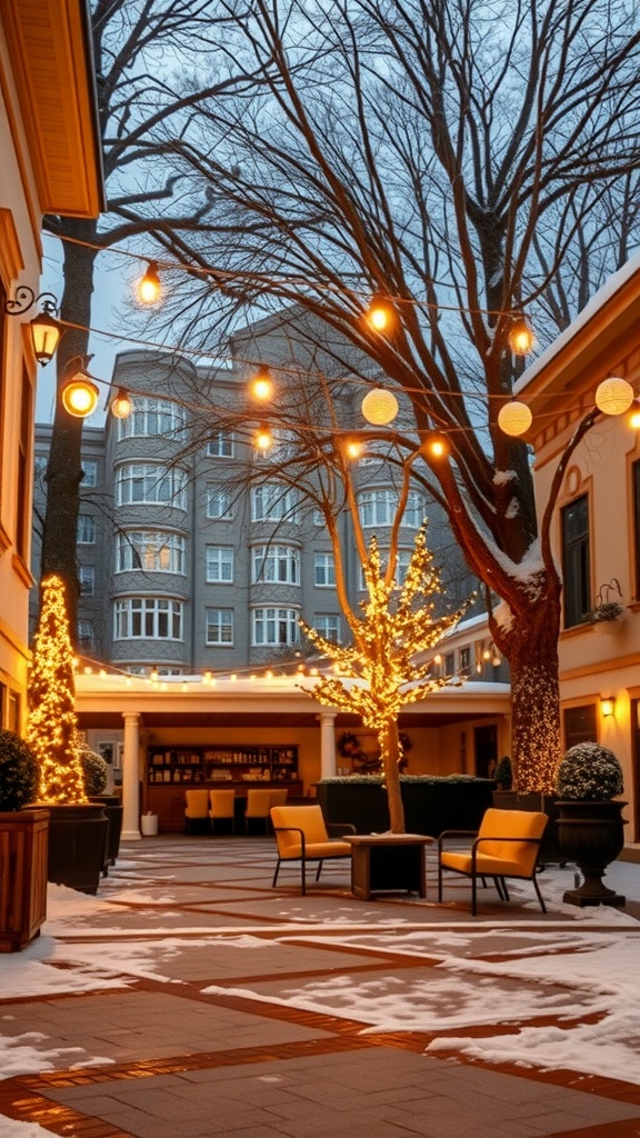 Cozy outdoor space with string lights and seating in winter.