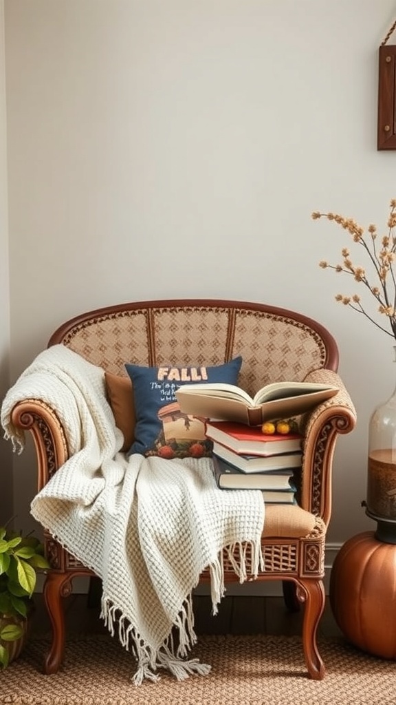 A cozy reading nook featuring a vintage chair, a soft blanket, and a stack of books, with fall-themed decor.