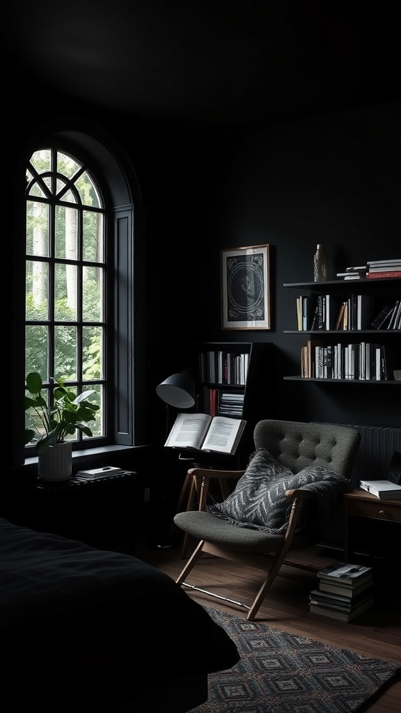 Cozy reading nook with a chair and window in a black bedroom