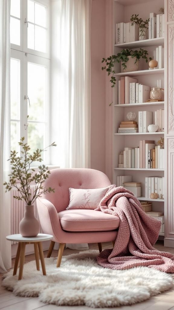 A cozy reading nook featuring a pink chair, a warm blanket, and a bookshelf with light-colored books.
