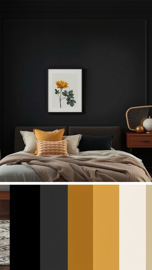 Cozy black and gold bedroom with a balanced color palette.
