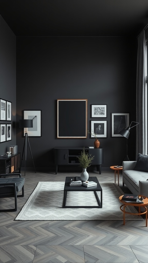 A chic black-themed living room with framed art on the walls, a stylish coffee table, and modern furniture.