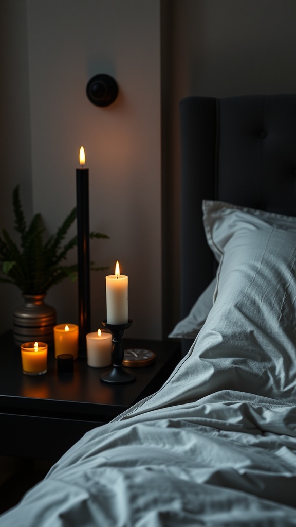 Cozy black and gold bedroom with candles on a bedside table.