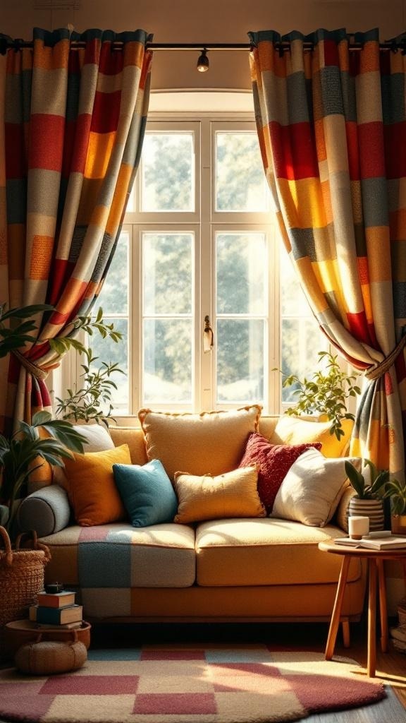 Cozy living room with multicolored patch curtains, a comfortable sofa, and decorative cushions.