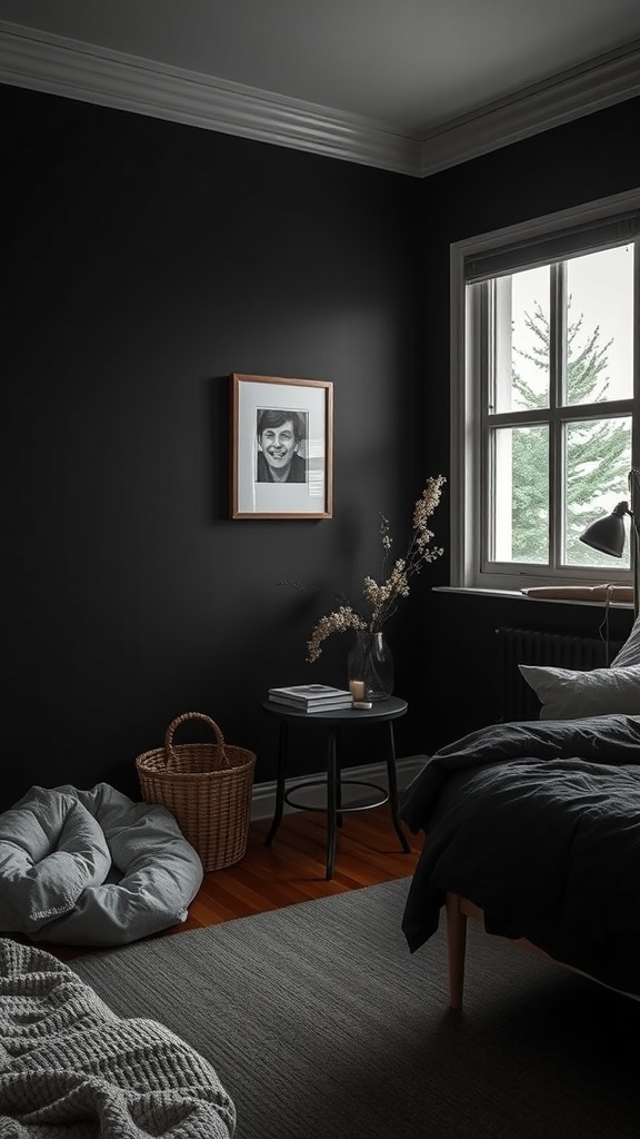 Cozy black bedroom with a bedside table, a basket, and soft bedding.