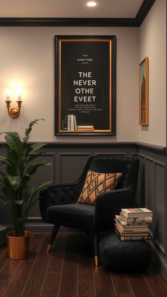 Cozy black and gold reading nook with a chair, books, and a plant.