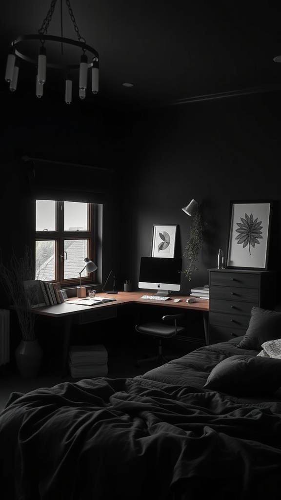 A cozy black bedroom featuring a workspace with a desk, computer, and decorative elements.