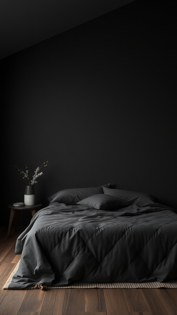 A cozy black bedroom featuring a dark quilted bedspread, pillows, and a small side table with a vase.