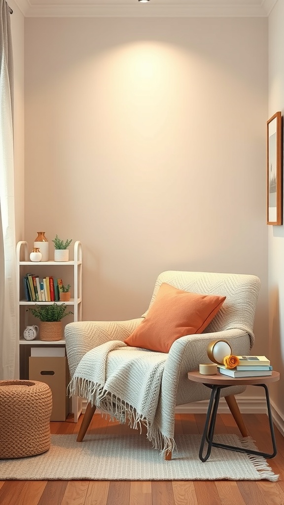 Cozy reading nook with a comfortable chair, soft blanket, and bookshelves.