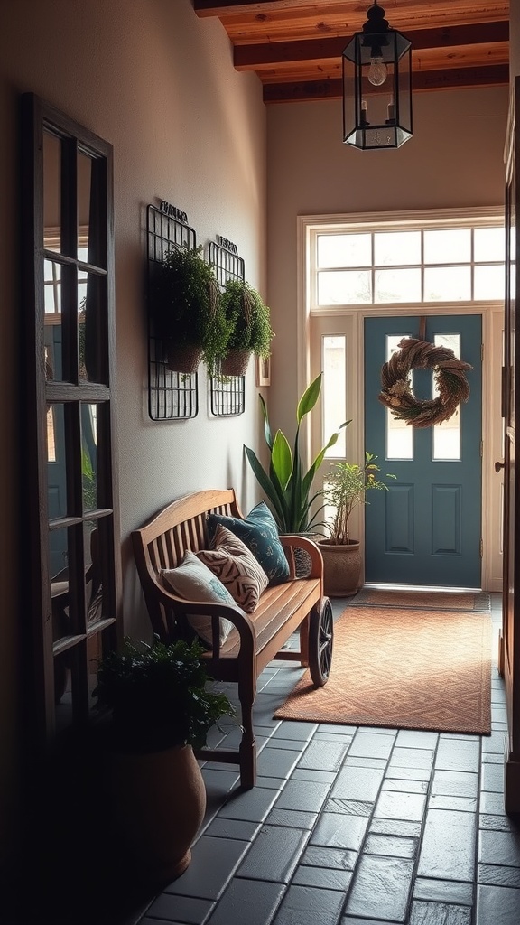 Cozy entryway with a bench, plants, and warm lighting.
