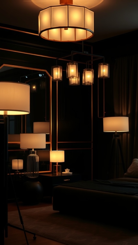 Cozy black and gold bedroom with layered lighting