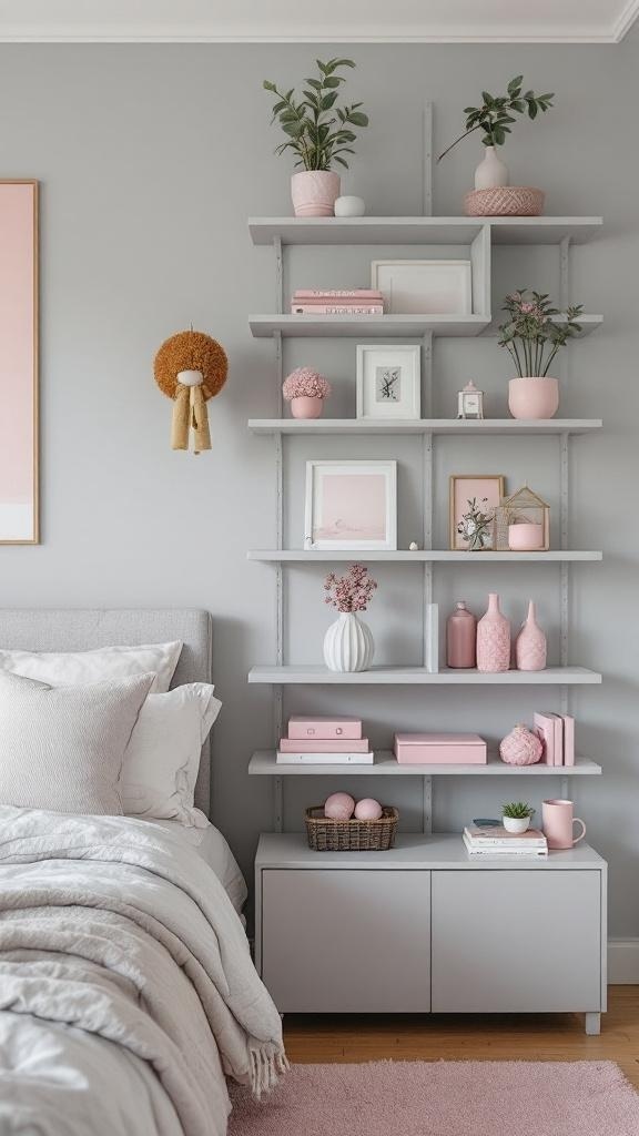 Stylish pink and grey bedroom with creative shelving showcasing plants and decorative items.