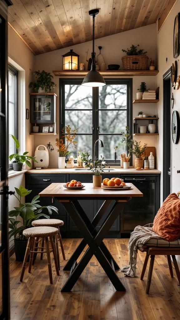 A cozy kitchen in a tiny house with open shelving, a wooden table, and plants.