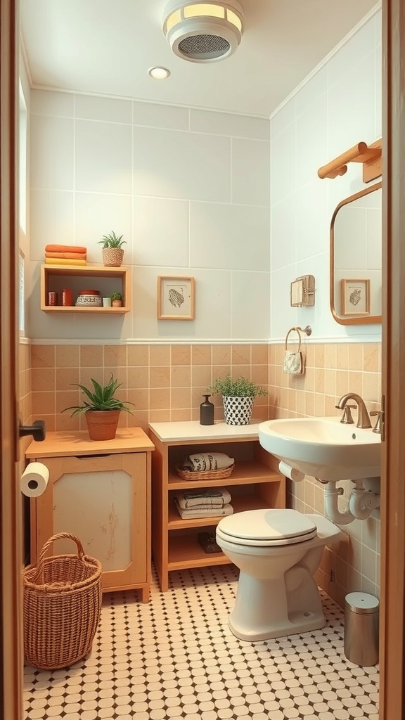 A stylish 70s-inspired bathroom featuring creative storage solutions.