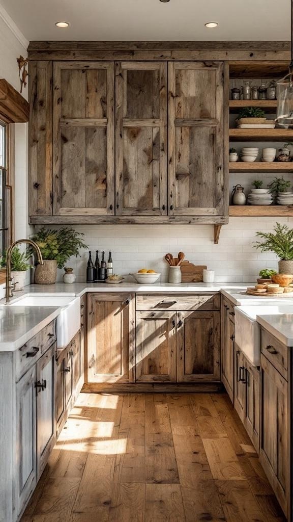 A kitchen featuring reclaimed wood cabinets and shelves, showcasing a rustic design.