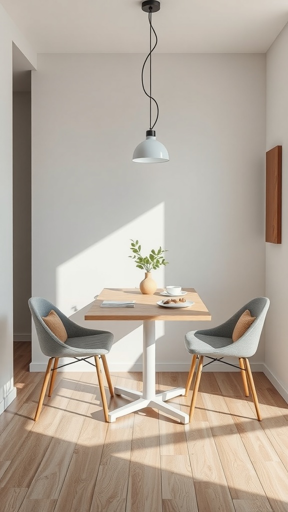 A small, modern dining room with a light wood table, two gray chairs, and a simple pendant light.