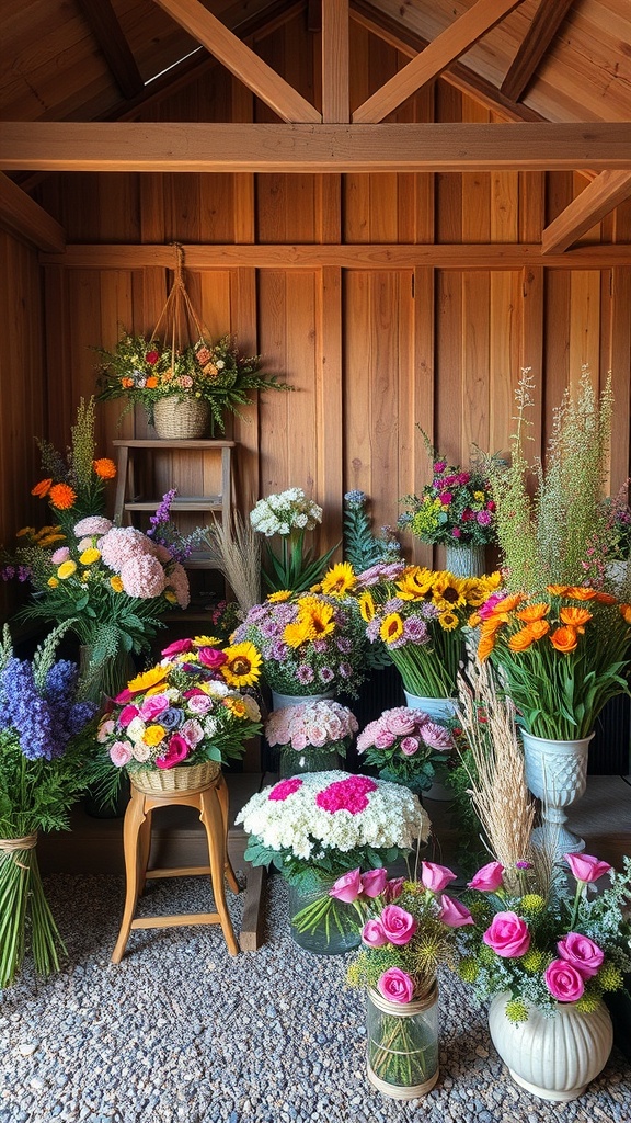 A collection of vibrant wildflowers arranged in various containers inside a rustic barn.
