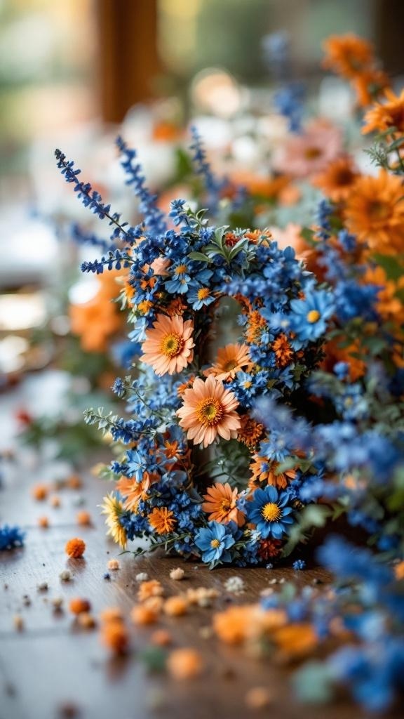 A floral arrangement featuring blue and orange wildflowers shaped into the number 8.