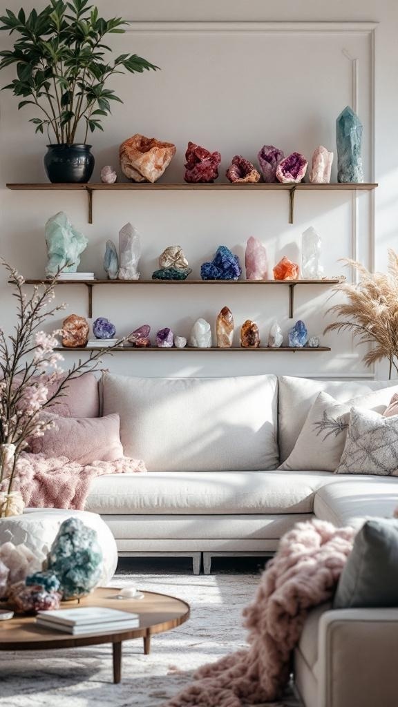 A living room featuring a shelf with colorful crystals, a cozy sofa, and soft textiles.