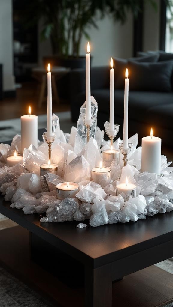 A beautiful centerpiece featuring various crystals and candles arranged on a table.