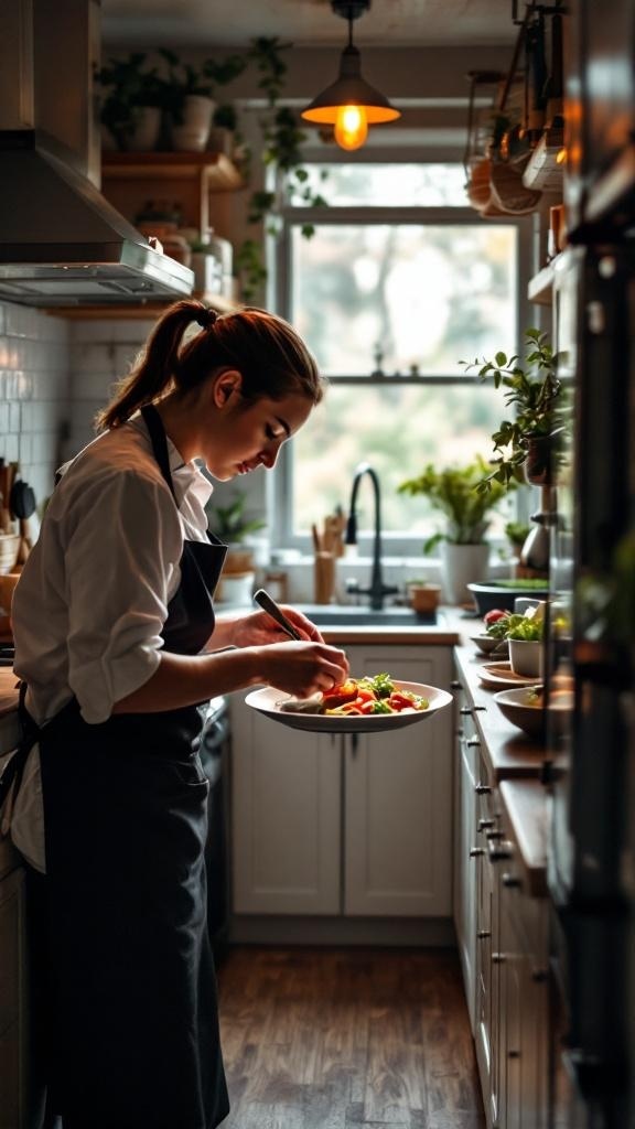 A person preparing a colorful dish in a cozy, well-organized tiny kitchen.