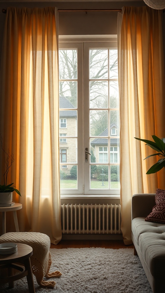 Cozy living room with warm-toned curtains and soft furnishings.