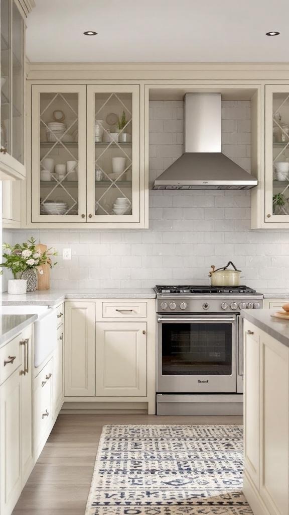 A stylish kitchen with custom cabinetry featuring glass doors and a modern stove.
