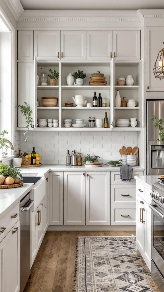 A bright kitchen with white cabinets and open shelving displaying various dishes and plants.