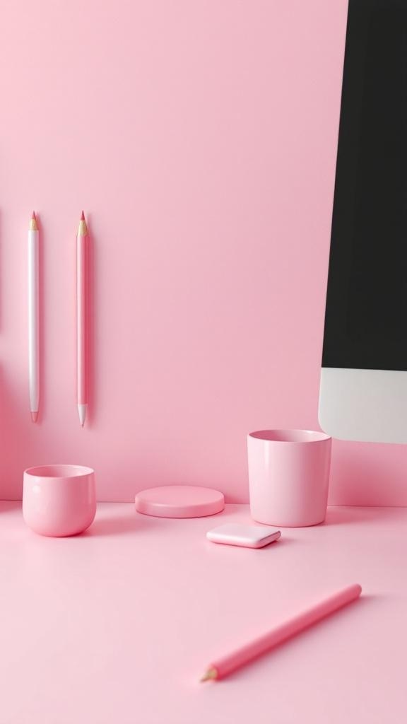 A collection of pink desk accessories including pens, pencil holders, and a computer on a pink background.