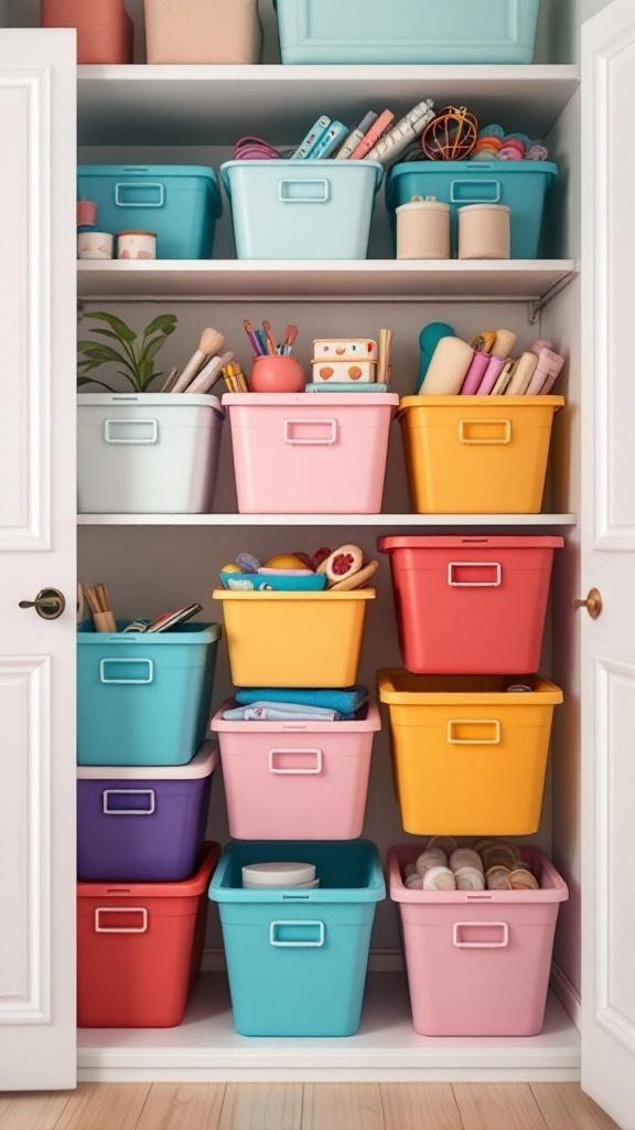 Colorful storage bins in a closet, showcasing a variety of items neatly organized.