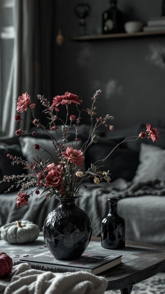A dark floral arrangement in a black vase, featuring deep red flowers and dried foliage, set on a wooden table with cozy decor.