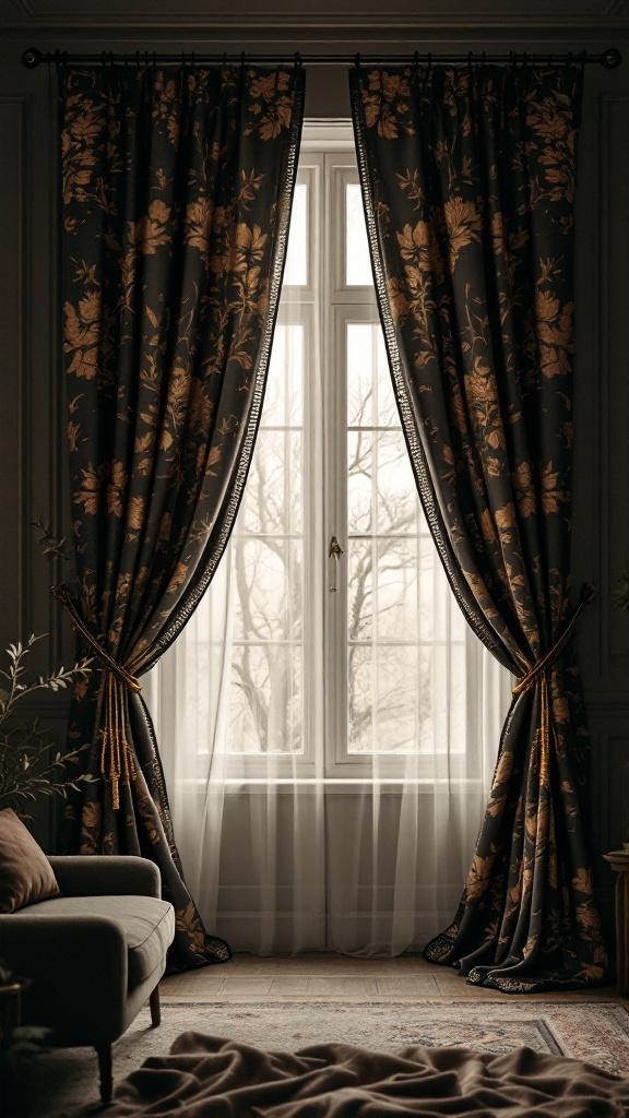 Dark floral curtains hanging by a window in a stylish living room.