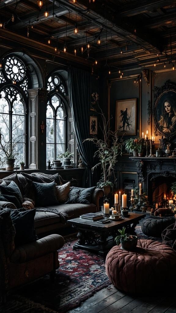 A cozy living room with dark wood accents, featuring plush seating, candles, and intricate decor.