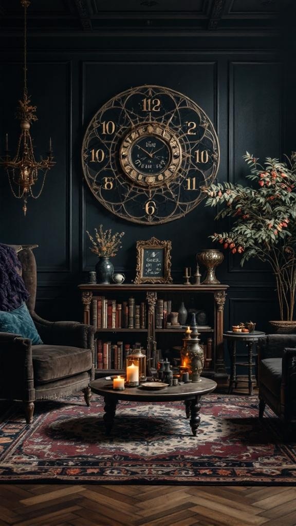 A cozy living room featuring dark wood accents, rich colors, and witchy decor.
