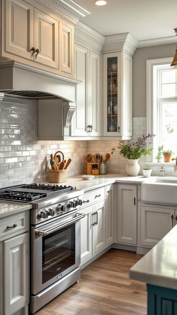 A stylish kitchen featuring decorative crown molding on the cabinets.