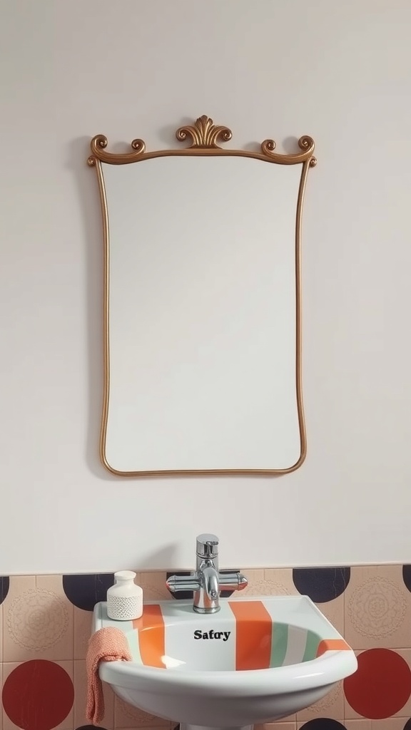 A decorative mirror with a funky frame above a colorful sink in a retro bathroom.