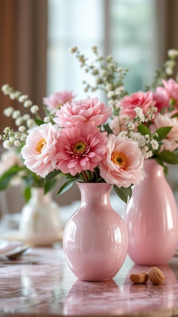 Decorative pink vases with flowers