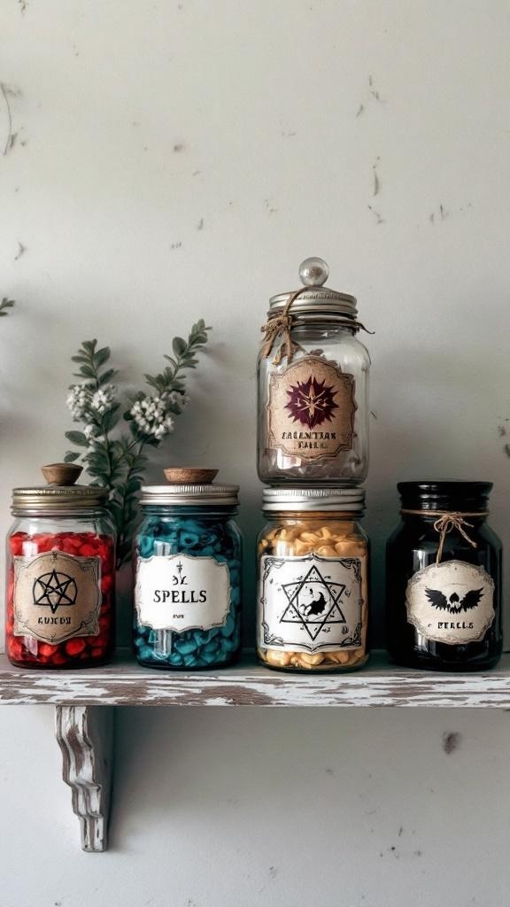 A collection of decorative spell jars on a shelf, featuring colorful contents and unique labels.