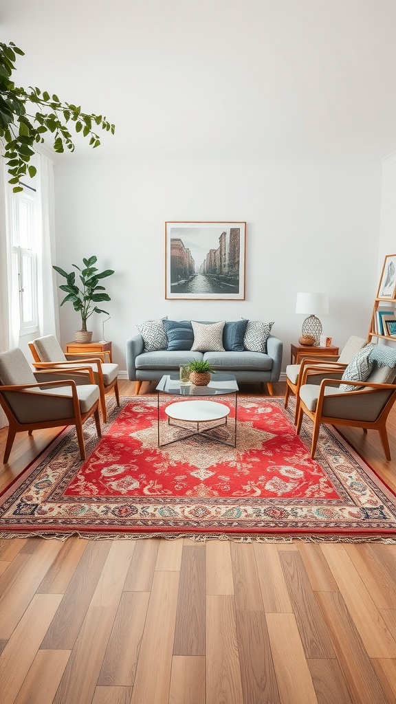 A cozy living room with a colorful rug defining the seating area.