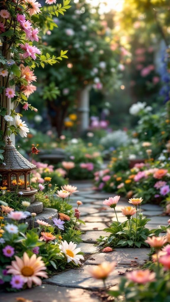 A beautiful fairy garden with colorful flowers and a small lantern.